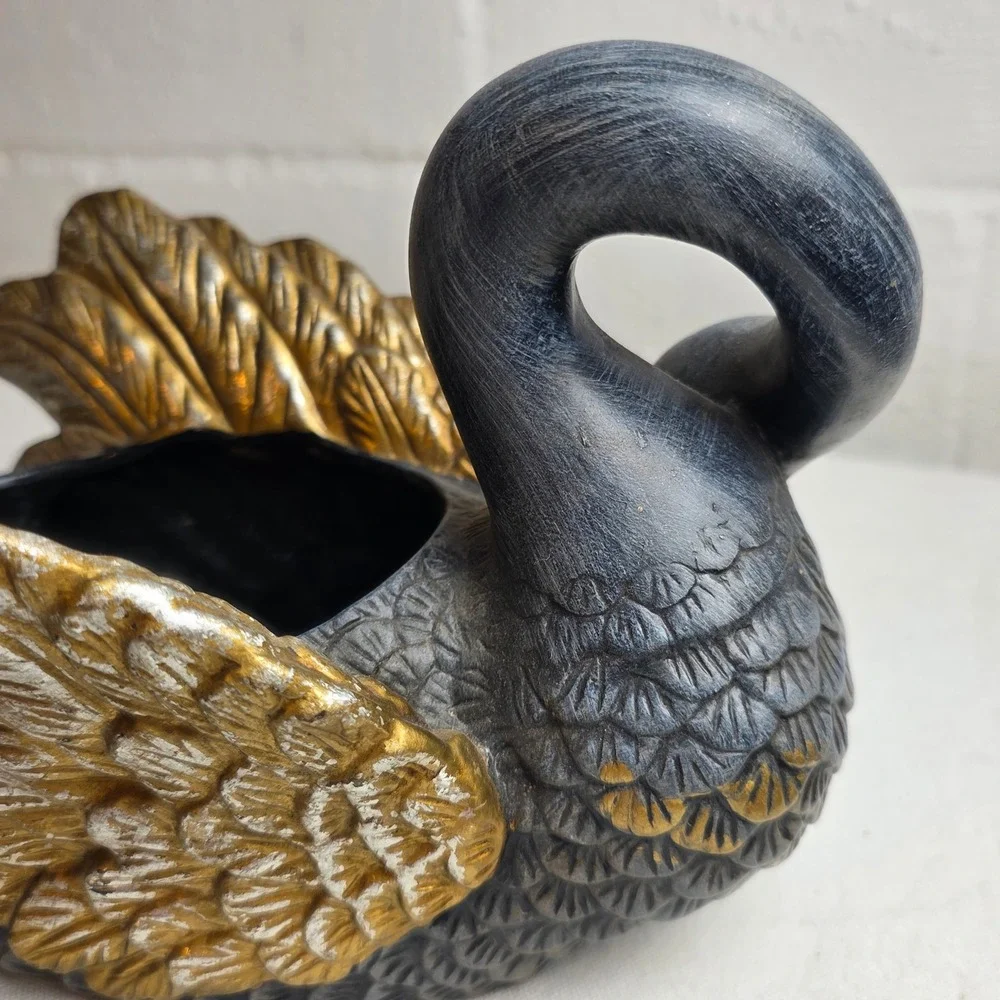 Vintage Style Charcoal Grey and Gold Swan Planter Decorative Glam